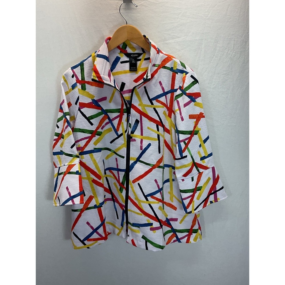 Ali Miles Womens S Abstract Colorful Lines Art Full Zip Jacket 3/4 Bell Sleeve